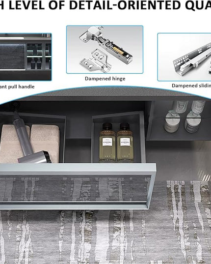 40IN Bathroom Vanity - Bathroom Vanity with Sink Combo, Motion Sensor Light Indoor & Transparent Glass Cabinet Doors | Floating Vanity with Grey Storage Cabinet