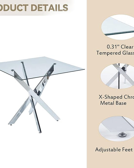 Glass Dining Table Set for 2, Square 36" Dining Table with Silver Cross Metal Leg, 2 Beige Velvet Dining Chairs with Stainless Steel Legs, Modern Glass Kitchen Table and Chairs Set for Small Space