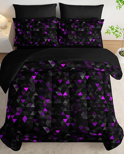 Geometric Violet Black Triangle Twin Size Comforter Set,Light Honeycomb Bedding Set 7 Piece in A Bag,Bed Sheet Set Geometry Decor,Microfiber Lightweight All Season