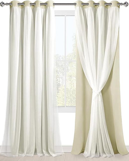 Hiasan Mix & Match Blackout Curtains with Sheer Overlay, Double Layer Extra Long Thermal Insulated Grommet Window Curtains for Bedroom, Living Room, 2 Drape Panels, Light Beige, 52W X 108L