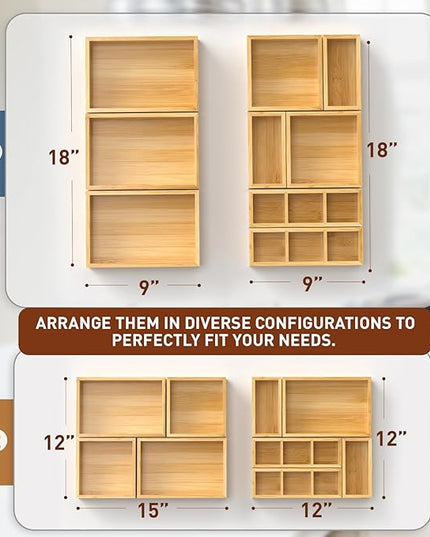 Bamboo Drawer Organizer, Set of 9 Wood Kitchen Junk Tea Desk Office Tray, Wooden Storage Boxes Organizers for Bathroom, Office (2" H 9 Boxes)