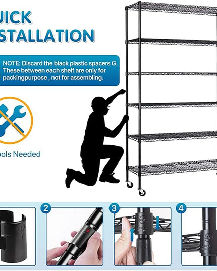 Dkeli 6-Tier Heavy Duty Metal Shelving Unit with Wheels | 48''D x 18''W x 82''H NSF Certified Adjustable Storage Rack | Commercial Grade Steel Wire Shelves for Garage, Pantry, Kitchen - Black