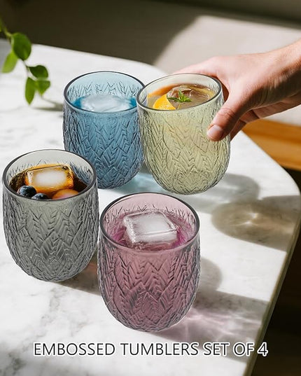 Colored Glasses Drinking Set of 4, 12oz Vintage Drinking Glasses, Embossed Glass Cups, Water Tumbler for Cocktail, Various Mixed Drinks (Willow Leaf 4PCS)