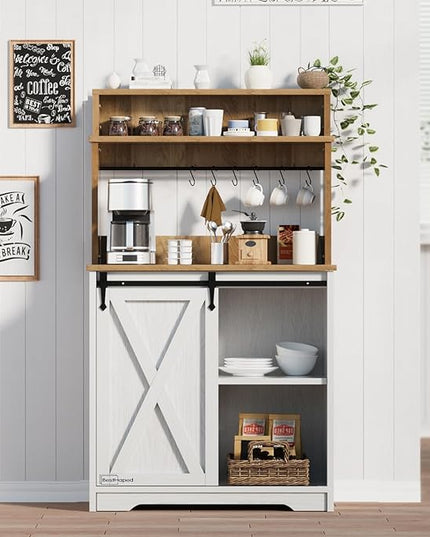 Farmhouse Coffee Station with 3 Tier Storage Hutch & 6 Hooks - 56 Inch Small Coffee Bar Table with Adjustable Shelves for Living/Dining Room