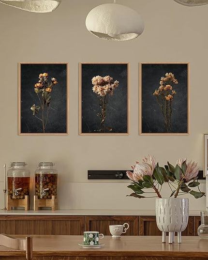 HOURIA Moody Boho Floral Framed Canvas Wall Art Set,Vintage Black Flower Wall Decor,Mid Century Minimalist Wildflower Artwork,Nature Retro Botanical Art Print for Living Room,Bedroom,Office- 16"x24"x3