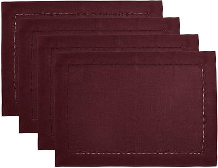 Solino Home Linen Cloth Placemats Set of 4 - 100% Pure Linen Hemstitch Burgundy Placemats 14 x 19 Inch - Classic Hemstitch Table Place Mats for Holiday, Winter, Christmas