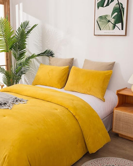 Luxlovery Mustard Velvet Comforter Set King Dark Yellow Fluffy Bedding Comforter Set Women Men Solid Heavyweight Winter Thick Warm Plush Flannel Comforter Set for Adults Teens…