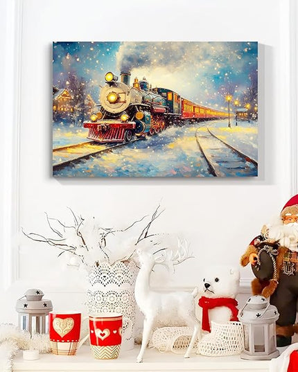 YONICA Christmas Wall Decor Christmas Canvas Wall Art Home Decorations 46x36 Inches - Christmas Train Pictures Charming Snow Scene Prints Winter Painting Xmas Artworks for Living Room Bedroom