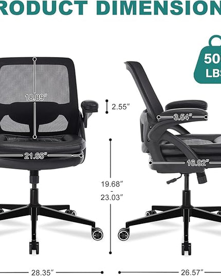 Big and Tall Office Chair, 500lbs Mesh Heavy Duty Ergonomic Desk Chair with Flip-up Armrests, Plus Size Wide Seat in PU Leather, 360 Swivel Computer Executive Task Chair for Home Office (Black)