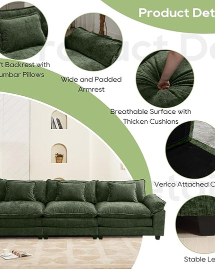 120" Modular Sectional Sofa, Comfy Cloud Couch Sectional, Chenille Sofa Sleeper Deep Seat Sofa with Throw Pillows for Living Room (Green, 120"- 3 Seater)