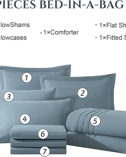 Monbix Full Comforter Set - 7 Pieces Dusty Blue Bed in a Bag Full Size Bedding Sets with Comforters, All Seasons Comforter with Sheets, Pillowcases & Shams