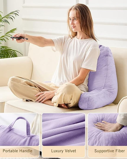 Sasttie Reading Pillow, Velvet Back Pillow for Bed Sitting Up, Adult Back-Rest Support Cushion with Arms for Sit Up on Couch, Sofa, and Floor, Dorm Essentials, Reading Accessories, Lavender