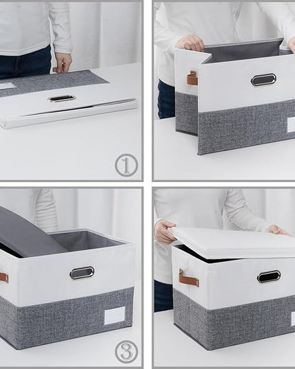 PRANDOM Foldable Storage Bins with Lids [3-Pack] Fabric Collapsible Storage Boxes Baskets Cubes Containers with Handles for Closet Living Room Bedroom (Grey & White 17.7x11.8x11.8'')