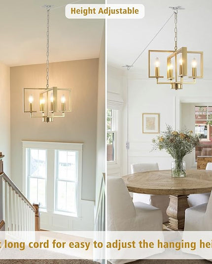 MEIJIA Hanging Lights with Plug in Cord, 4 Light Geometric Gold Plug in Chandelier with Cord 15FT & Switch, Plug in Hanging Light for Dining Room Living Room Kitchen Bedroom Gazebo