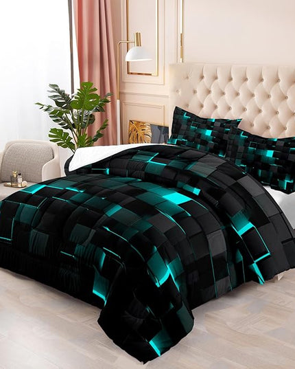 Geometric Turquoise Black Comforter Set,Light Honeycomb 3 Piece Bedding Set Queen Size for Teen Boys,Modern Quilt Set Geometry Decor,Microfiber Lightweight 1 Comforter 2 Pillowcases All Season