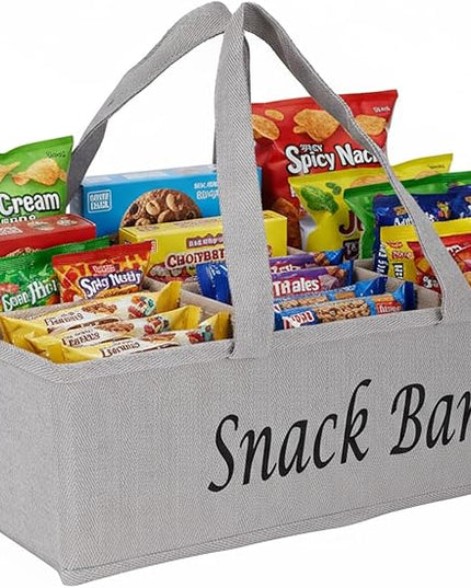 Snack Organizer for Countertop, Fabric Snack Organizer with Handle, 6 Compartment Snack Tray Snack Basket Container, Foldable Picnic Basket, Kitchen Pantry Organizer and Storage-Khaki Stripe