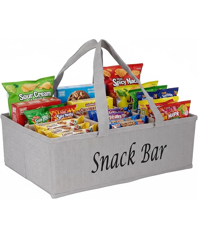 Snack Organizer for Countertop, Fabric Snack Organizer with Handle, 6 Compartment Snack Tray Snack Basket Container, Foldable Picnic Basket, Kitchen Pantry Organizer and Storage-Khaki Stripe