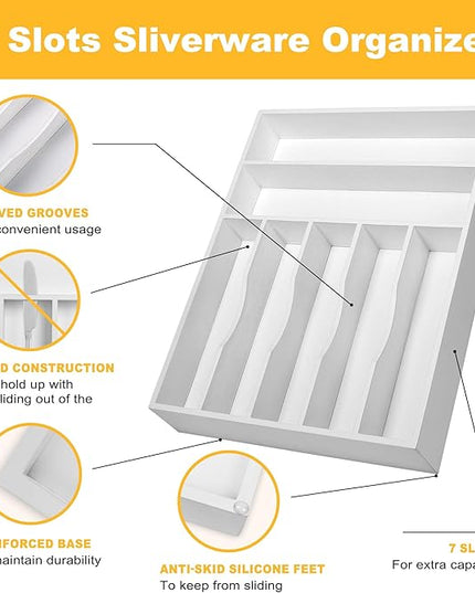 Kitchen Bamboo Silverware Organizer, Kitchen Drawer Organizer - Utensil Holder and Cutlery Tray with Grooved Drawer Dividers for Flatware 7 Slot, White