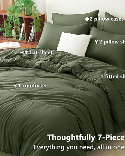CozyLux Full Size Comforter Set Olive Green, 7 Pieces Bed in a Bag Full Comforter Set with Sheets, Bedding Set with Down Alternative Comforter, Fitted Sheets, Flat Sheets, Pillow Shams and Pillowcases