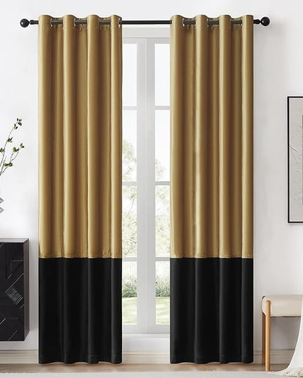 BULBUL Color Block Window Curtains Panels 108 inches Long Gold Black Velvet Farmhouse Drapes for Bedroom Living Room Darkening Treatment with Grommet Set of 2