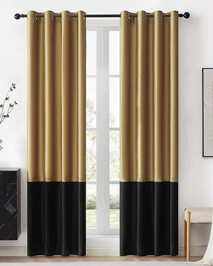 BULBUL Color Block Window Curtains Panels 72 inches Long Gold Black Velvet Farmhouse Drapes for Bedroom Living Room Darkening Treatment with Grommet Set of 2