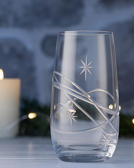 SHOSHIN Hand-Cut Highball Glasses – Elegant 17 oz Lead-Free Crystal Drinking Glasses with Space Pattern, Dishwasher Safe, Perfect for Water and Collins Cocktails (Set of 4)