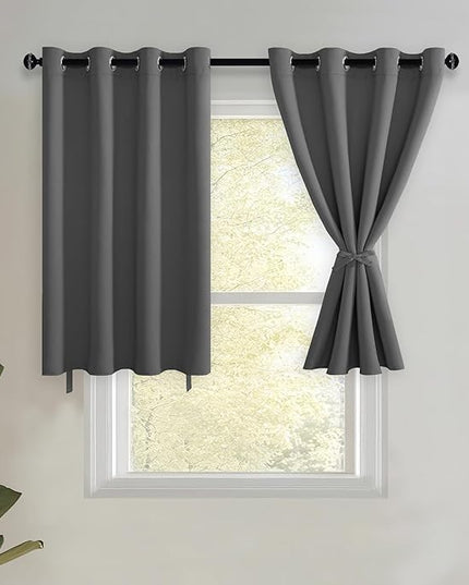 JIUZHEN Short Curtains Kitchen Half Window Blackout Curtains with Tiebacks for Baseroom Shadows, Grommet Curtains for Living Room, Set of 2 Window Curtain Panels, 52 x 36 Inch Length，Dark Grey