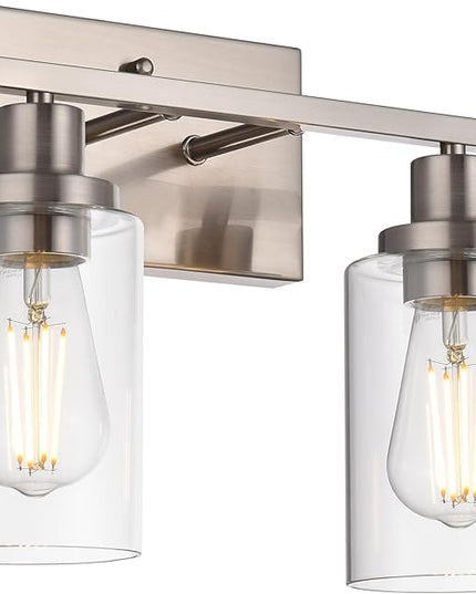 MELUCEE Metal Wall Lights with Clear Glass Shade 2 Heads Bathroom Light Fixtures Brushed Nickel Modern Vanity Lights Sconces for Hallway Bedroom Kitchen (Patent No.: US D963914 S)
