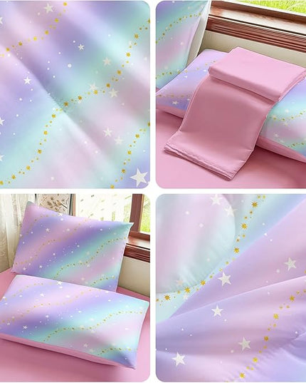 Rainbow Bedding Set Twin Size – 5 Piece Reversible Girls Comforter with Deep-Pocket Sheet, Gradient Galaxy Design, Whole-Piece Filling, Machine Washable Bed-in-a-Bag for Kids Room Makeover & Gifts