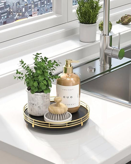 9" Oak Wood Bathroom Tray for Counter, Vanity Tray for Perfume Lotion Candle Makeup Jewelry Sink Soap Holder Turntable Dresser Organizer Countertop Coffee Table Decor Organization and Storage Gold