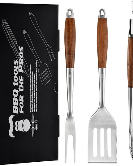 Heavy-Duty Heat-Treated Ash Wood BBQ Grilling Tools Set | Extra-Thick Stainless Steel Spatula, Fork & Tongs | Essential Barbecue Accessories, for Grill Enthusiasts