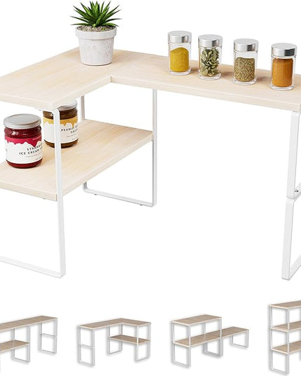 Large Countertop Organizer Corner Shelf, 2 Tier Adjustable Stackable Counter Shelves for Kitchen, Bathroom, Spice Rack, Coffee Bar, Over Sink, Dresser Table, Corner Counter Shelf Stand, Natural Beige