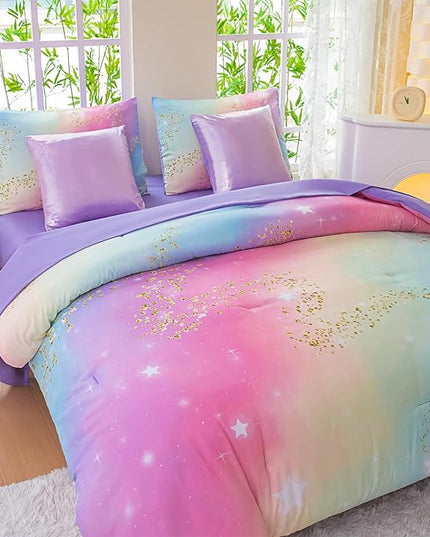 Rainbow Bedding Set Twin Size – 7 Piece Reversible Girls Comforter with Deep-Pocket Sheet, Gradient Galaxy Design, Whole-Piece Filling, Machine Washable Bed-in-a-Bag for Kids Room Makeover & Gifts