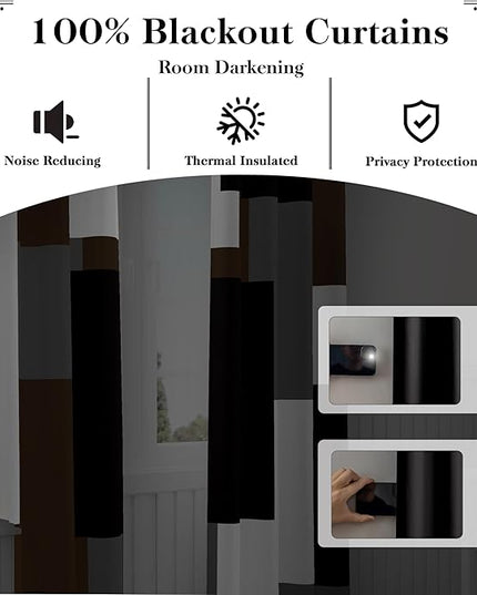 Brown 100% Blackout Curtains for Bedroom 63 inch Long 2 Panels Set Black White Gray Modern Abstract Geometric Black Out Curtains Insulated Room Darkening Window Drapes for Living Room, 52Wx63L