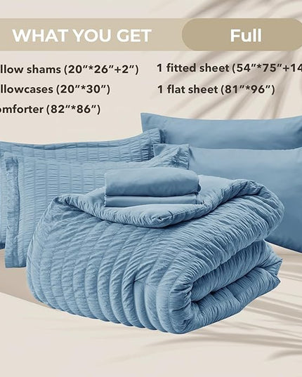 HYMOKEGE Mineral Blue Full Size Comforter Sets Seersucker 7 Pieces, All Season Luxury Bed in a Bag for Bedroom, Bedding Set with Comforter, Sheets, Pillowcases & Shams