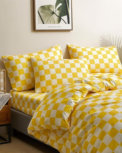 Houseri Yellow White Plaid Comforter Sets Twin Size Girls Boys Kids Light Yellow Checkerboard Dorm Bed Comforters Twin Bright Yellow Buffalo Checkered Grid Bed Quilt Soft Comfy Comforter Set Twin
