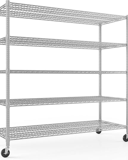 Himimi 60" W Storage Shelves, 5-Tier Wire Shelving with Wheels 3250LBS Heavy Duty Metal Shelves for Storage, Adjustable Wire Rack Shelving for Garage Kitchen Pantry 24" Dx60 Wx82 H, Silver