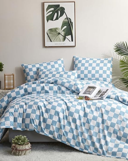 CLOTHKNOW Blue White Plaid Twin/Twin XL Comforter Set 3Pcs Grid Bedding Comforter Sets Blue Comforter Soft Lake Blue Comforter Sets Twin