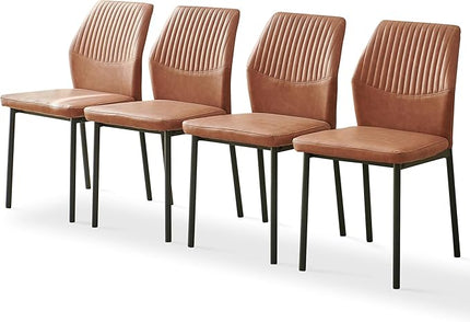 Dining Chairs Set of 4, Brown PU Leather Dining Chairs, Comfortable Upholstered Armless Kitchen Chairs with Black Metal Legs for Living Room, Dining Room, Kitchen