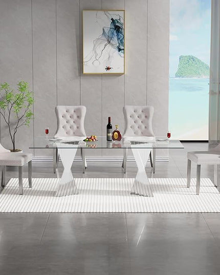 5 Piece Glass Dining Table Set,70" Dinner Room Glass Table Set for 4,Modern Kitchen Dinner Table Set with Stainless Steel Base and 4 Upholstered Velvet Dining Chairs for Living Dining Room