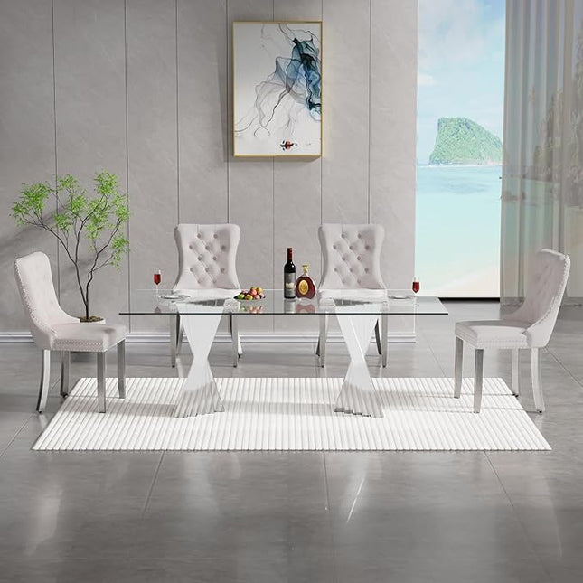 5 Piece Glass Dining Table Set,70" Dinner Room Glass Table Set for 4,Modern Kitchen Dinner Table Set with Stainless Steel Base and 4 Upholstered Velvet Dining Chairs for Living Dining Room