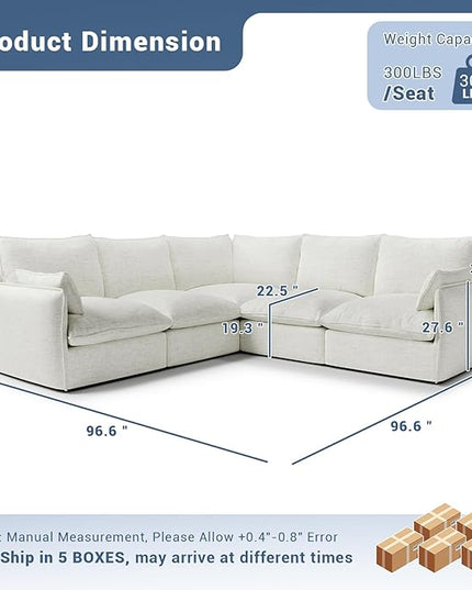 Cloud Modular Sectional Sofa, Waterproof Down Filled Sectional Sofas, High Backrest V Shaped 5 Seater Sectional Couches for Living Room, Modern Modular Couch with Removable Cover, Cream White