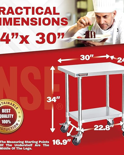 DuraSteel 24x30 NSF Stainless Steel Cart Work Table - Heavy Duty Rolling Food Prep Table Countertop Island - Metal Utility Cart on Wheels Caster, Grill Stand Storage Outdoor Kitchen Tables Bar Top
