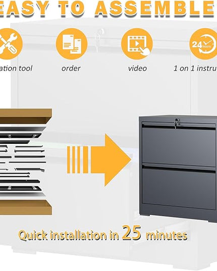 2 Drawer Lateral File Cabinet with Lock, File Cabinet, Metal Lateral Filing Cabinets for Home Office, File Storage Cabinet for Legal/Letter/A4 Documents, Assembly Required (Black, 26'W)