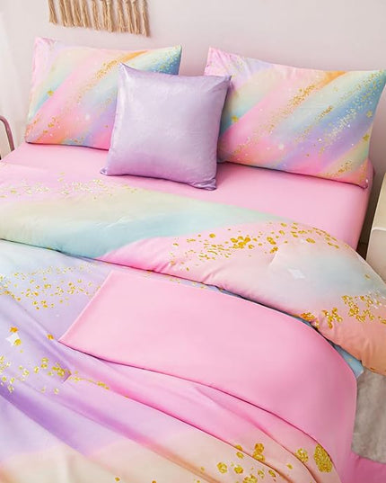 Rainbow Bedding Set Twin Size – 6-Piece Reversible Girls Comforter with Deep-Pocket Sheet, Gradient Galaxy Design, Whole-Piece Filling, Machine Washable Bed-in-a-Bag for Kids Room Makeover & Gifts