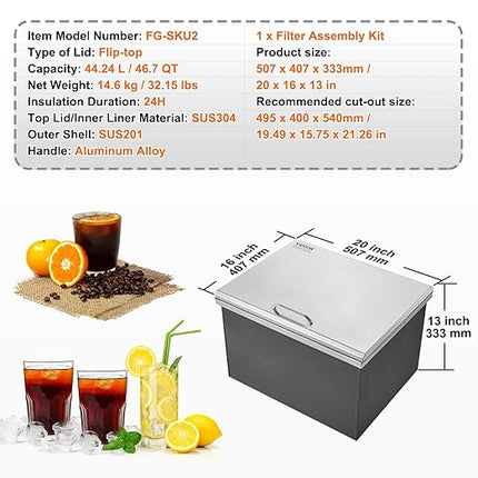 VEVOR Drop in Ice Chest, 20" L x 16" W x 13" H Stainless Steel Ice Cooler, Commercial Ice Bin with Hinged Cover, 40 qt Outdoor Kitchen Ice Bar, Drain-Pipe and Drain Plug Included, for Cold Wine Beer
