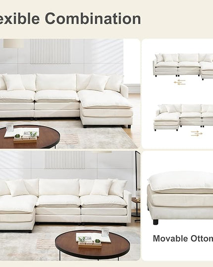 Modular Sectional Sofa,108.27'' Modern Corduroy Sofa Set for Living Room with 3 Seat & 1 Ottoman & 3 Pillows, Comfy Cloud Couches with Movable Ottoman, DIY Combination, Chenille (Beige, L Shaped)