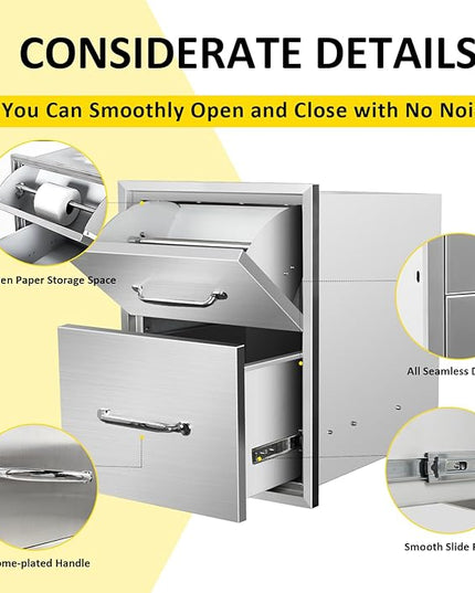 Outdoor Kitchen Drawers with Paper Towel Holder 16" W x 20" H x 20" D Flush Mount BBQ Drawers with Chrome Handle,Stainless Steel Built-in Double Access Drawers for Outdoor Kitchen Island