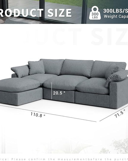 Modular Sectional Sofa Cloud Couch,Down Filled Comfy Cloud Modern Sofa,L Shape Oversized Couch Cushion Covers Removable for Living Room,Light Blue