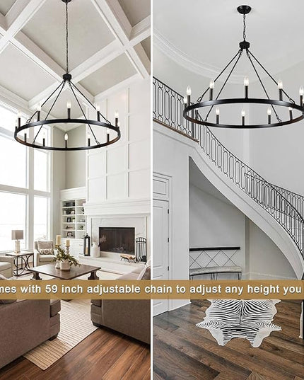Wagon Wheel Chandelier 12 Lights 38" Large Black Farmhouse Chandelier for Dining Room Chandelier Rustic Country Pendant Light Fixtures Round Chandeliers for Living Room Outdoor High Ceilings Foyer